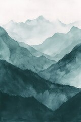 Watercolor painting of blue mountains on textured paper, adorned with neutral muted colors and a captivating emerald green monochrome scheme.
