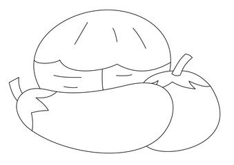 vector of a cute cartoon Tomato Eggplant and Coconut in black and white coloring pages