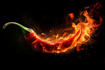 A flaming hot red chilli pepper on fire. Burning hot spicy chilli food