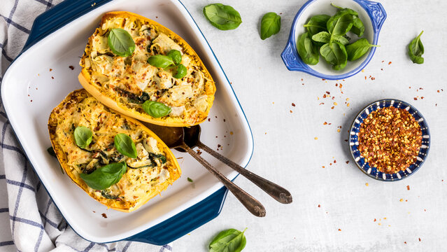 Spinach and artichoke spaghetti squash, fresh out of the oven.
