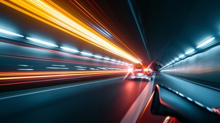 Closeup of car headlights creating a trail of light as it speeds through a dark tunnel. The...