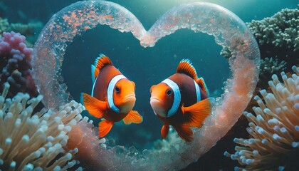 Fototapeta na wymiar Clown Fish Couple Coral Reef in Heart-shaped Bubble Frame