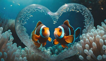 Clown Fish Couple Coral Reef in Heart-shaped Bubble Frame