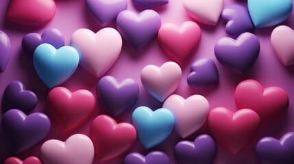 Pink, blue and purple heart shaped candies on pink background. Pile of heart pebble, stone. Valentine's day. Heart shape of pebble on small peddles. - obrazy, fototapety, plakaty