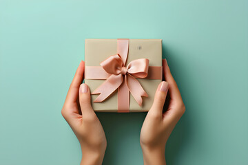 Woman's hands holding a beige giftbox on a mint green background, perfect for holiday gifting or special occasions.