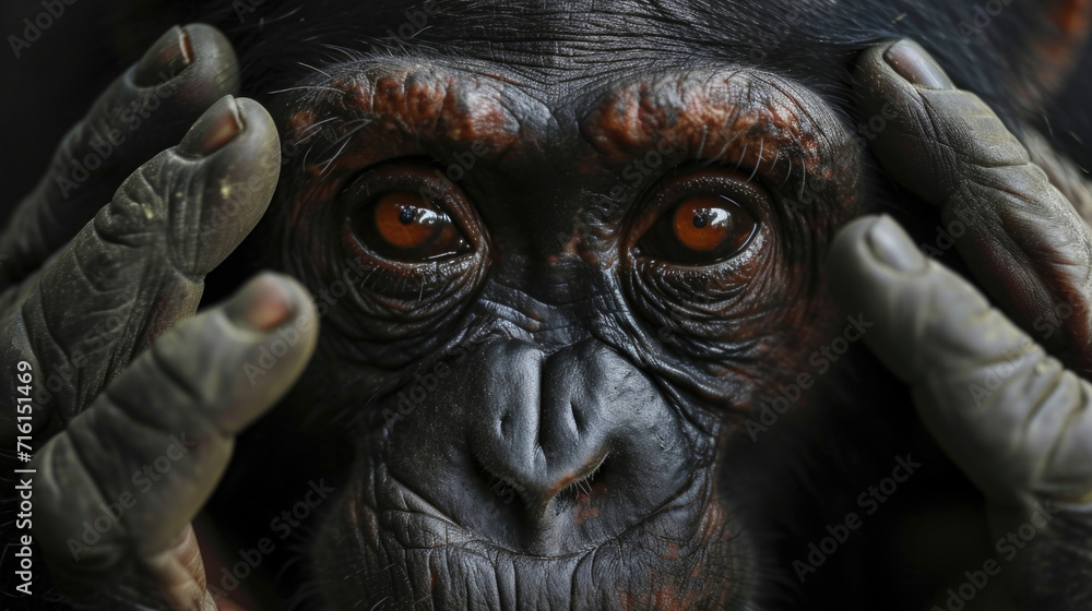 Poster closeup of a chimpanzees face clearly showing fear and desperation in its eyes as it frantically tri