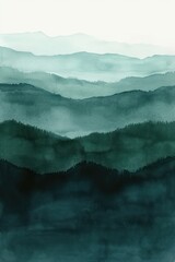 watercolor painting of blue mountains on textured paper, adorned with neutral muted colors and a captivating emerald green monochrome scheme