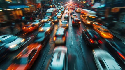 The chaotic blur of cars taxis and motorcycles weaving through narrow city streets creating a...