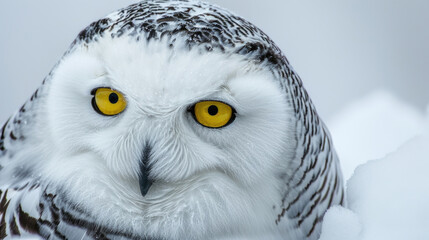 Closeup of a snowy owls piercing yellow eyes glistening against the white backdrop of its snowy habitat