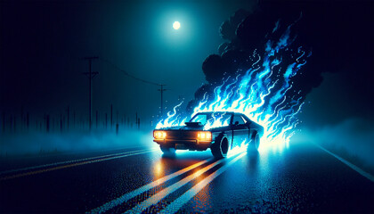 Car with blue flames on a deserted road at night, style 8bits.