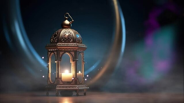 Islamic candle lantern at night with moon and stars. Video of Ramadan Background with Shimmering Glittering Particles with Bokeh.