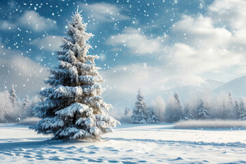 Fototapeta premium Fir tree in winter snow landscape scene