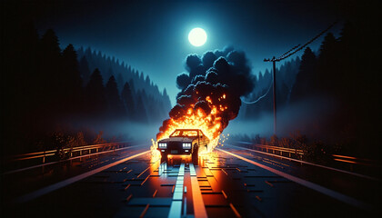Car in flames on a deserted road at night, surrounded by fog and illuminated by moonlight in an 8-bit art style.