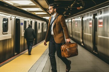 Obraz premium Professional commuting by subway, holding a briefcase on their way to the office, Generative AI