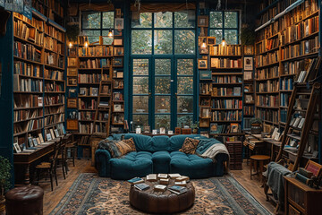 Bookshelves in the library with old books 3d render - obrazy, fototapety, plakaty