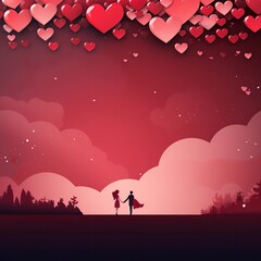 Happy st. Valentine' day banner with red abstract illustrated hearts, pink paper hearts flying shining against dark red background with empty space for text, clouds, dreamy, couple love concept banner