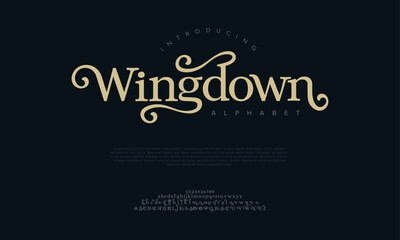 Wingdown premium luxury elegant alphabet letters and numbers. Elegant wedding typography classic serif font decorative vintage retro. Creative vector illustration