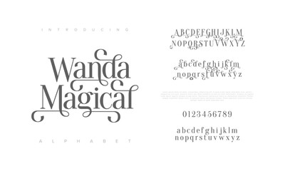 Wandamagical premium luxury elegant alphabet letters and numbers. Elegant wedding typography classic serif font decorative vintage retro. Creative vector illustration