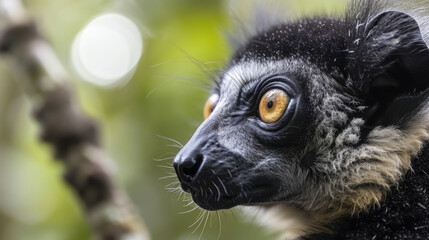 Closeup of a lemurs face its eyes fixed intently on its next branch as it prepares to spring into another impressive leap