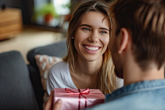 closeup Boyfriend surprise his beautiful girlfriend with present while she is sitting on the sofa in the living room at home