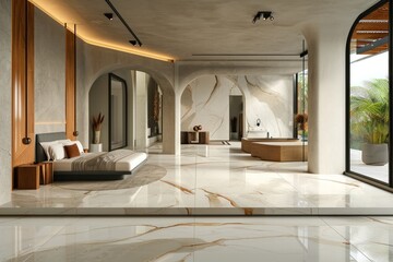 Interior design: open, with a bed, marble floor.