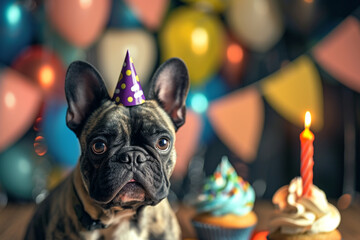 French Bulldog with Birthday Hat and Cupcake Celebration