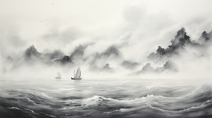 surfing in the fog, Ink landscape painting