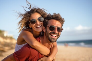 Fototapeta premium Happy couple enjoying piggyback riding at the beach in summer, relaxing