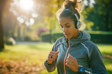 Female athlete looking down at smartwatch Jogging wearing headphones in the park - Powered by Adobe