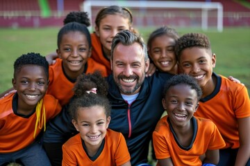 Group of happy children standing with their soccer coach in countryside field