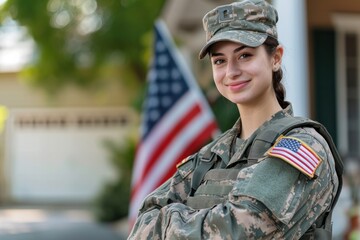 Happy American female soldier wearing military uniform with American flag In front of the house, happy service provides return home
