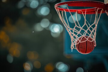 The floating basketball ball is falling into the basketball hoop - obrazy, fototapety, plakaty