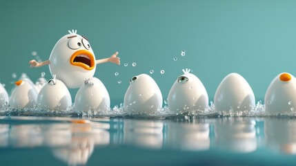 Cartoon scene of a stern egg coach pointing and shouting directions at a line of eggs attempting a synchronized swimming routine while one egg comically swims i