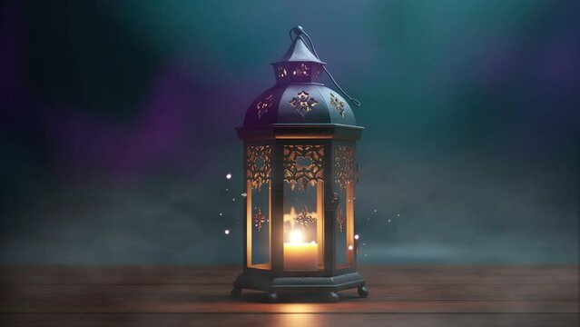 Islamic candle lantern at night with stars. Video of Ramadan Background with Shimmering Glittering Particles with Bokeh.