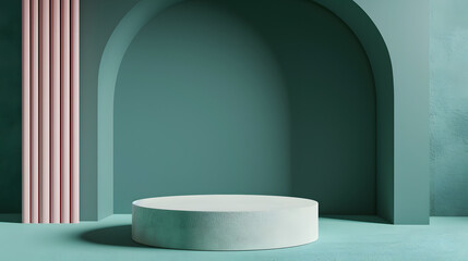 Round White Table in Green Room, Simple and Elegant Furniture in a Vibrant Setting. Podium background for product mockup