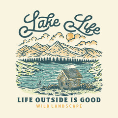 cabin illustration lake graphic fishing design mountains badge landscape vintage outdoor logo nature