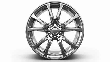 Fotobehang luxurious polished alloy wheel for high-end vehicles, isolated white background. perfect for automotive showcase and alloy wheel retailers © StraSyP BG