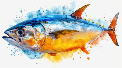 stunning watercolor illustration of a blue tuna fish, isolated white background. perfect artistic representation for marine life enthusiasts and seafood connoisseurs on adobe stock - obrazy, fototapety, plakaty