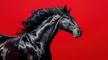 black horse on plain red background, generative ai