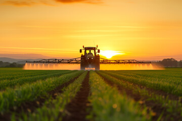 Farm tractor at sunset with sprayer, spreading pesticides in the field. Agricultural machinery...