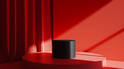 Black Object on Red Table, Simple and Striking. Podium background for product mockup