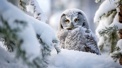 Boreal Owl in Winter's Embrace Among Frosted Pines --ar 16:9 --style raw Job ID: ff321ac5-7590-4a89-8dcb-3aee54692549