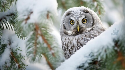 Boreal Owl in Winter's Embrace Among Frosted Pines --ar 16:9 --style raw Job ID: 0112a796-e0d8-4cc9-8699-11c0cb62351d