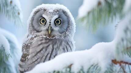 Boreal Owl in Winter's Embrace Among Frosted Pines --ar 16:9 --style raw Job ID: 668aab16-5a77-4ae1-b129-afed2d4b7f05
