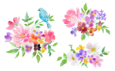 青い鳥とパンジー、カラフルな草花の背景用ベクターイラスト単体セット