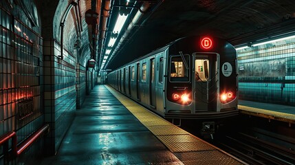 subway train in subway underground. Nobody at train station in the night, copy space for text. - obrazy, fototapety, plakaty