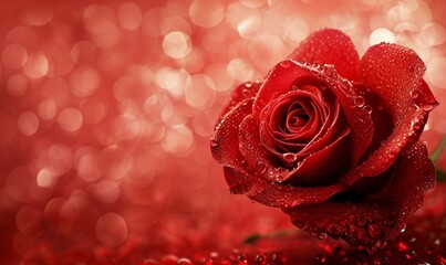 Dew-Kissed Red Roses on, Sparkling Bokeh Background,Close-up, of red roses with delicate dew drops,for a deeply romantic effect.
