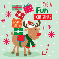 Christmas greeting card with Reindeer and Gifts
