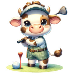 Fototapeta premium Cute cow play golf,watercolor illustration,cow png clipart,perfect for nursery art