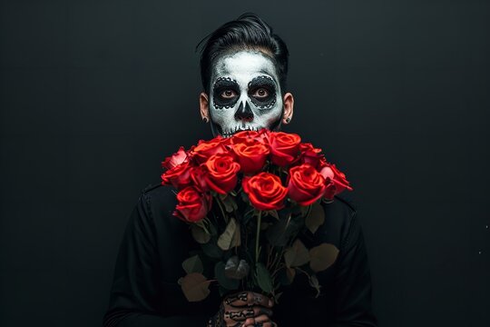 Man with skull face paint makeup holding bouquet of roses, Day of the Dead, Halloween, portrait, spooky, black background.